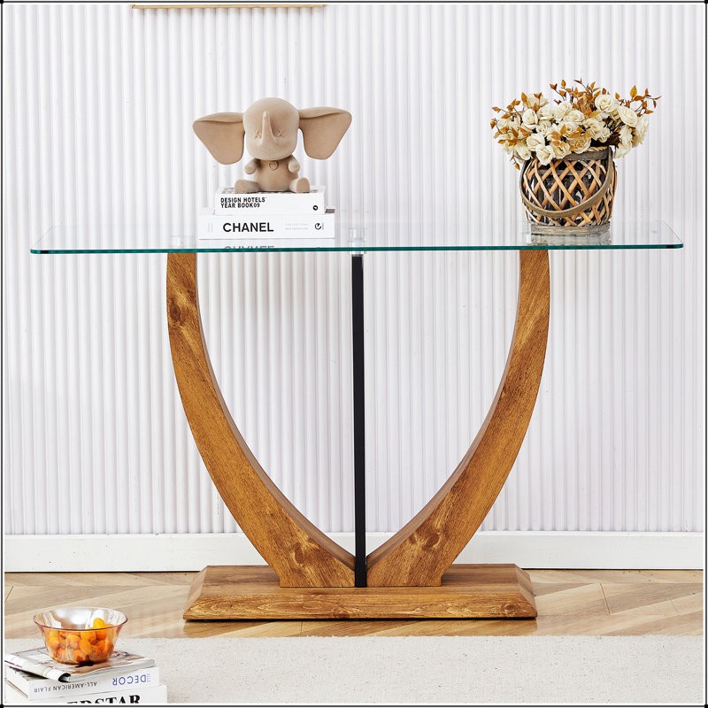 Table rectangulaire moderne en verre minimaliste avec plateau en verre trempé de 0,31 po et pieds en bois aggloméré