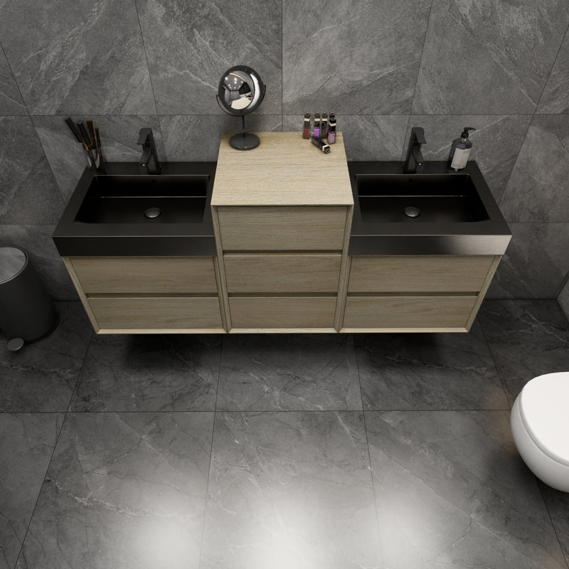 Ensemble de meuble-lavabo mural double avec plateau en métal 66,5 po Ayami, Bois café