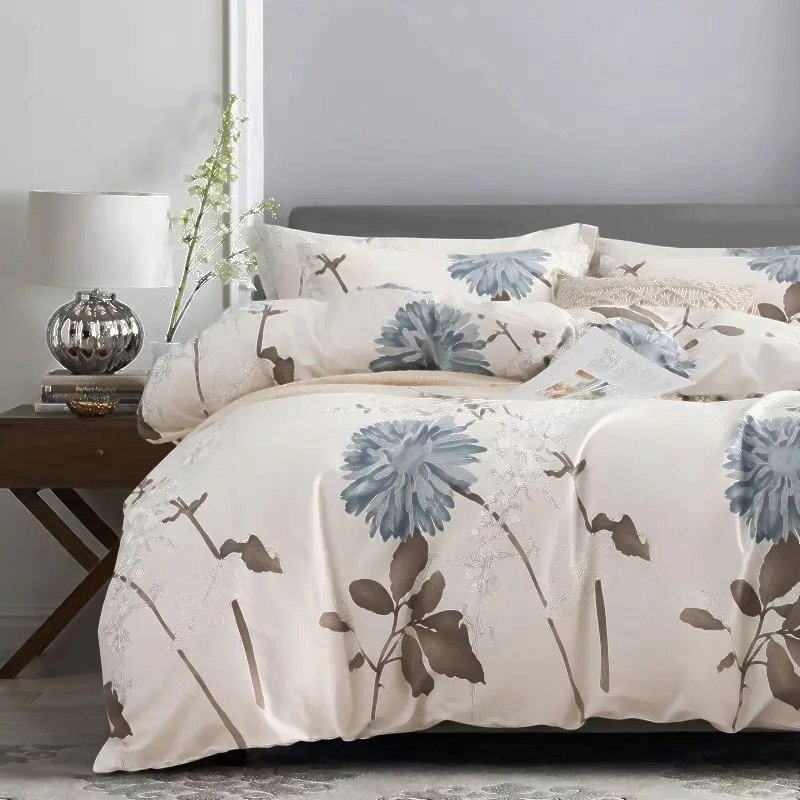 Housse de couette à gros motifs floraux en mélange de coton, beige/multicolore, pour lit simple.