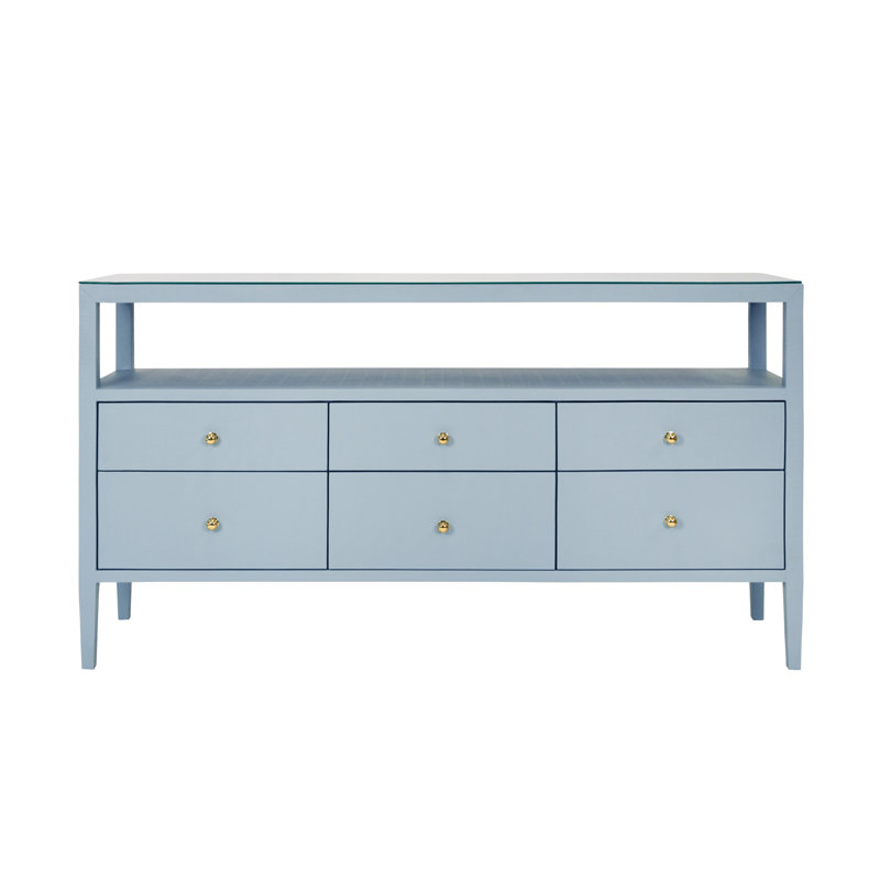 Six Drawer Console With Open Shelf In Burl Wood With Polished Brass Knobs, Light Blue