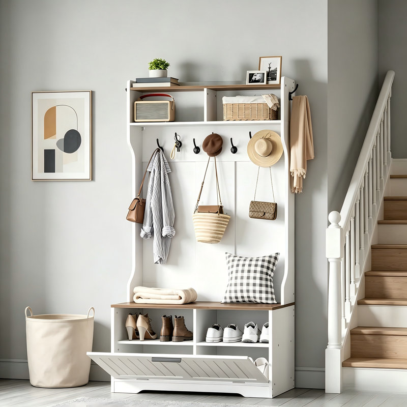 Multi Functional Entrance Hall Tree, Integrated With Benches, Hangers, Shoe Cabinets, Equipped With LED Lights, Hooks, And Open Grids, White Peach Wood Versatile Corridor