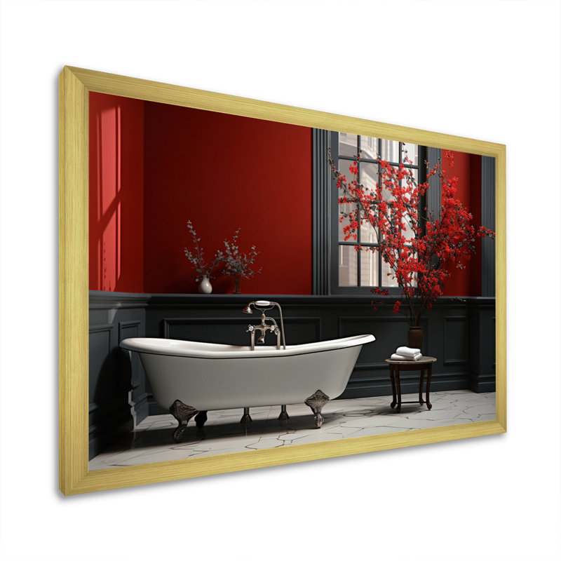 Rouge moderne, charme de salle de bain V - Art mural, H 30 po x l 40 po x P 1,5 po, Cadre doré simple