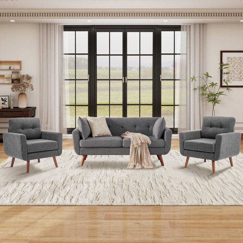 Ensemble de canapé-lit 65 po avec 2 fauteuils d'appoint rembourrés et capitonnés, Gris