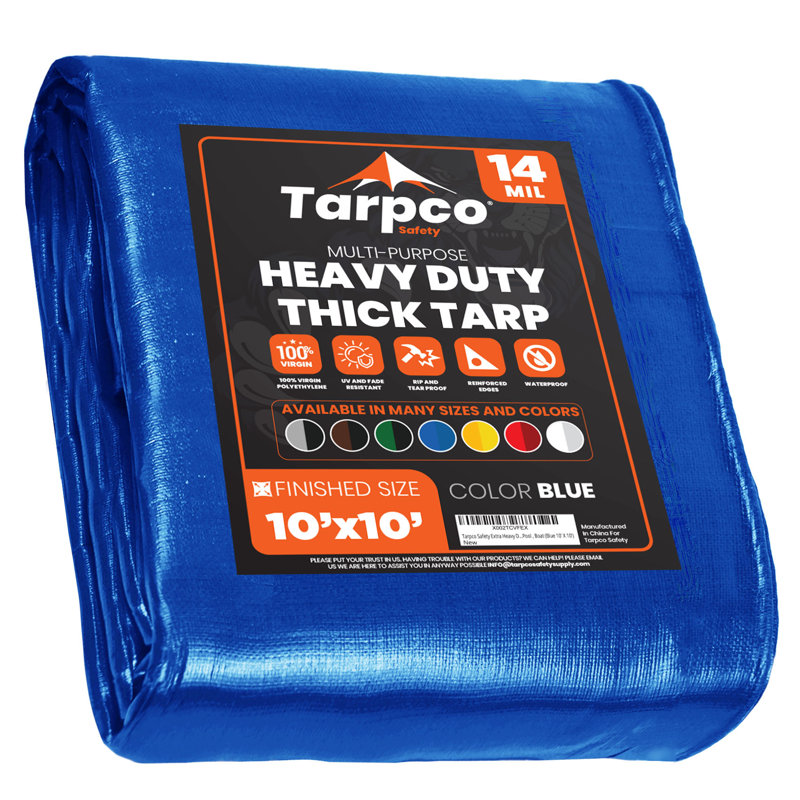Bâche en polyéthylène robuste de 10 pi x 10 pi 14 mil, imperméable et résistante aux rayons UV, Bleu