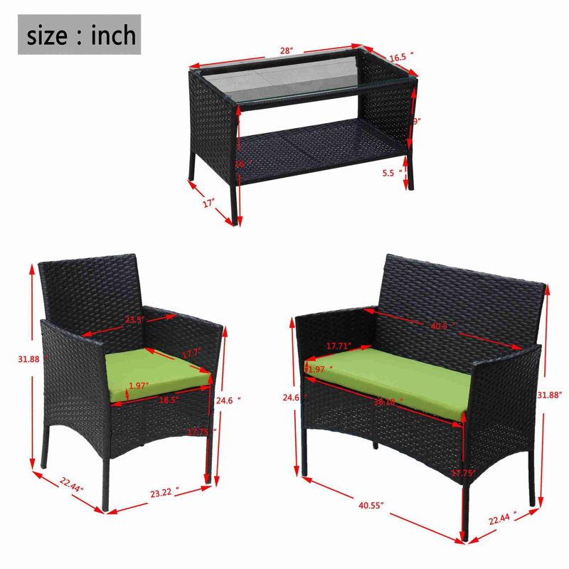 4 PC Rattan Patio Furniture Set Outdoor Patio Cushioned Seat Wicker Sofa (green Cushion), Green