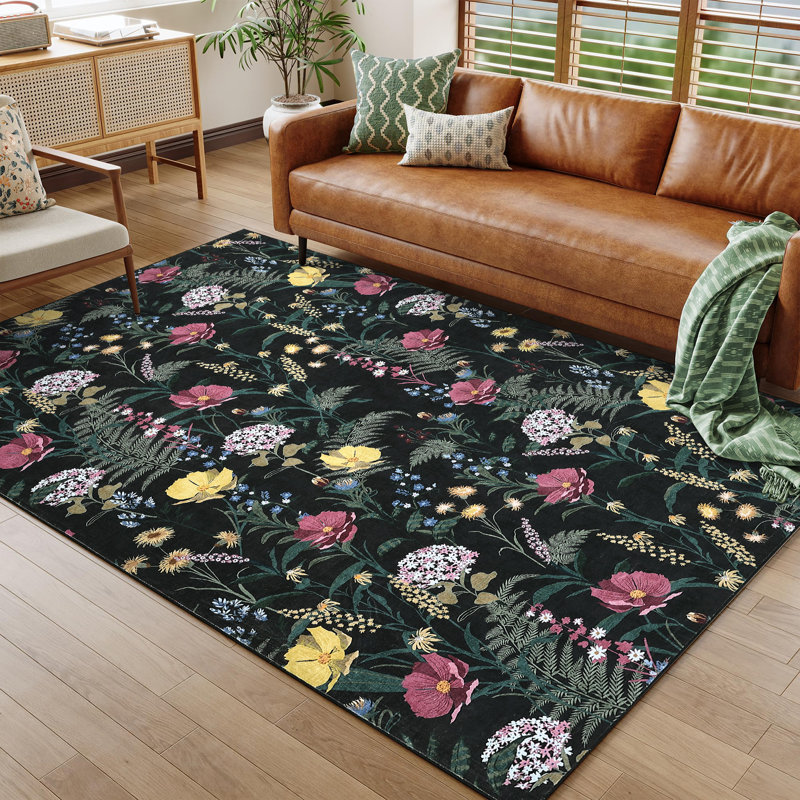 Modern Area Rugs Flower Accent CarpetNon-Slip Area Rug Farmhouse Throw Rugs for BedroomLiving RoomOffice, Black