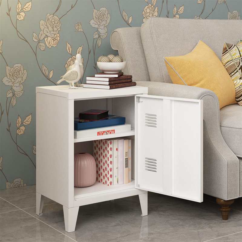 White Metal Modern Nightstand with Shelf and Door