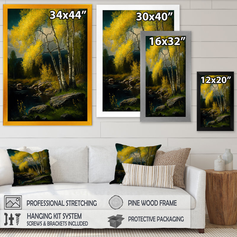 «Yellow Birches By The Riverside III», reproduction sur toile, Toile avec cadre photo noir, H 20 po x l 12 po x P 1 po