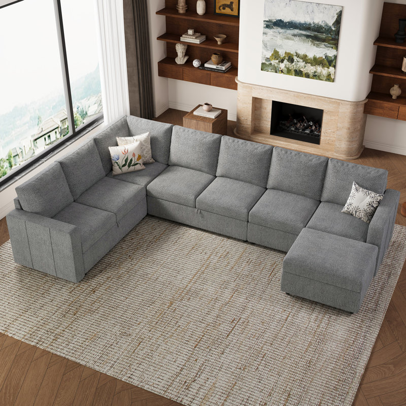 Seybert Luxurious U-Shaped Sofa Velvet Chenille Sectional Sofa For Living Room, Light Gray Chenille