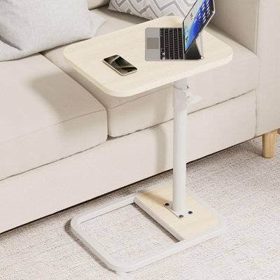 C Shaped End Table For Couch, Height Adjustable Living Room Couch Tray Tables Sofa Table Tv Trays For Bedroom, Natural Wooden Swivel Side Table For Small Spaces