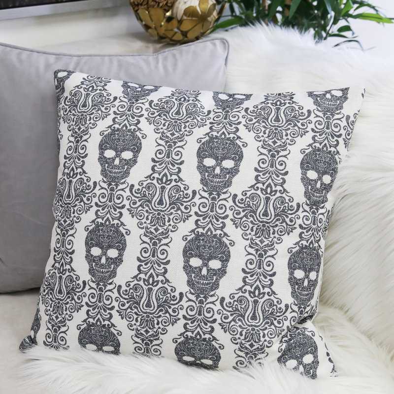 Gothic Damask Skull Throw Pillow 20x20 Polyester Gray Accent Pillow