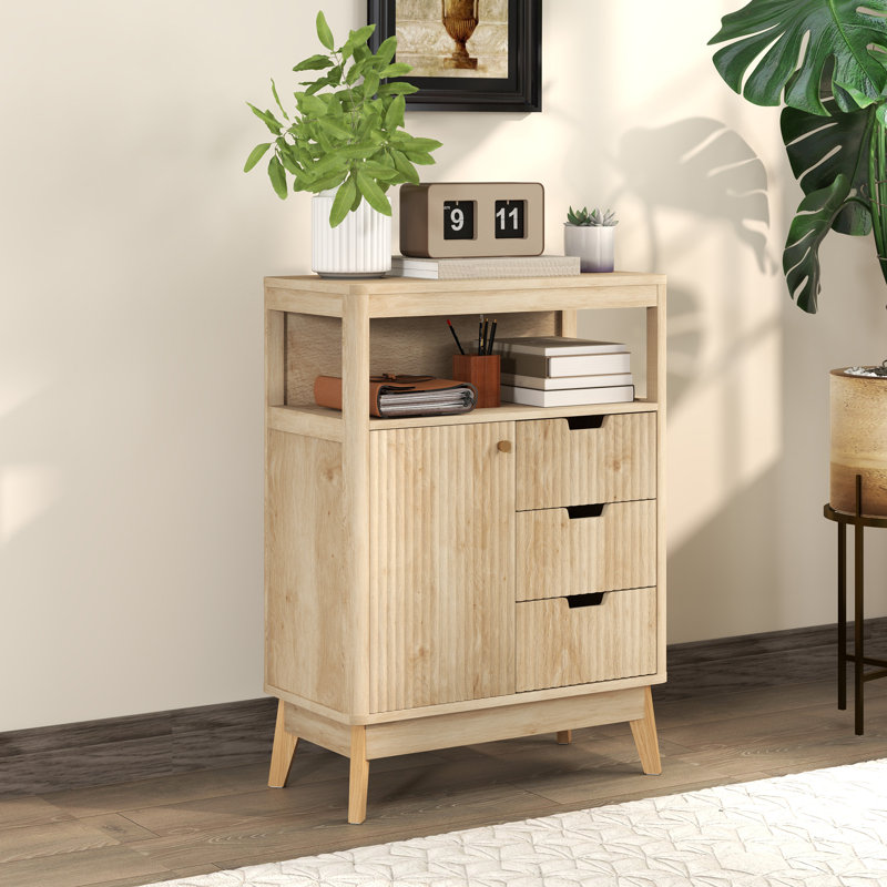 HOMCOM Sideboard Fluted Storage Cabinet Single Door Nature Wood Finish