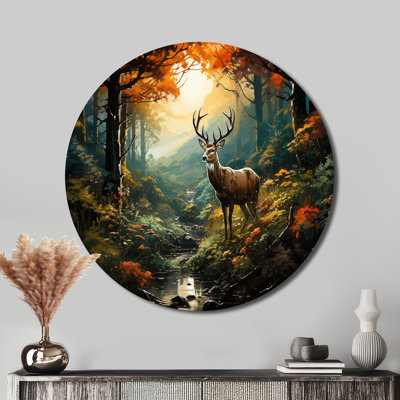 Vert et brun, cerf dans une forêt sauvage - animaux, art en métal rond