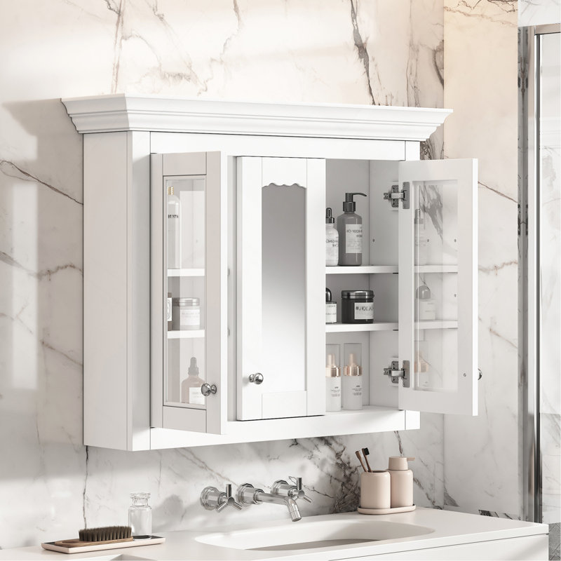 35" Bathroom Medicine Cabinet with Mirror, 5 Closed & Adjustable Shelves, Bathroom Wall Mounted Storage Cabinet with Glass Doors