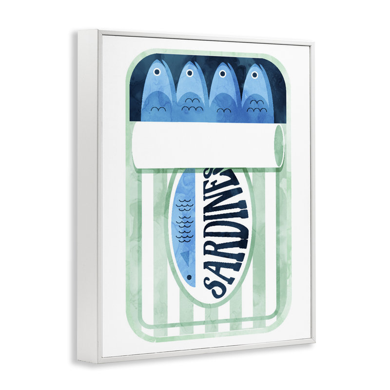 «Sardines in Striped Can», dessin par Lil 'Rue, H 14 po x l 11 po, Estampe numérique encadrée blanc bord de mer