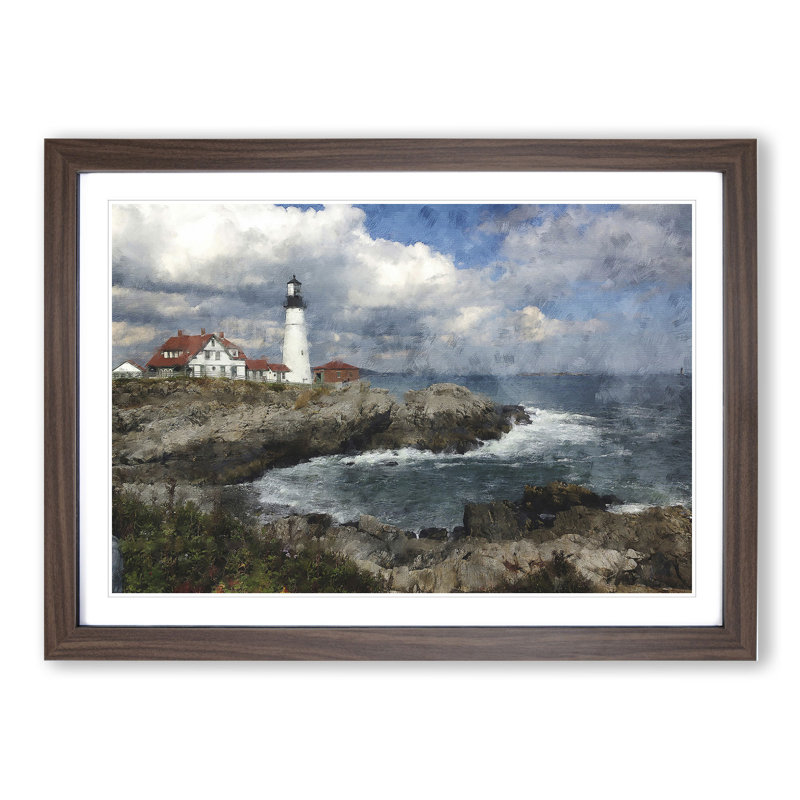 Lighthouse in Maine - Picture Frame Graphic Art, Walnut Framed, 27cm H x 36cm W x 2cm D