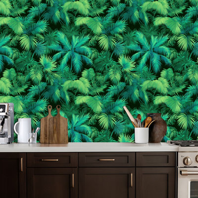 Papier peint adhésif autocollant à motif de palmier vert avec lumière tropicale amovible Pez and Stick