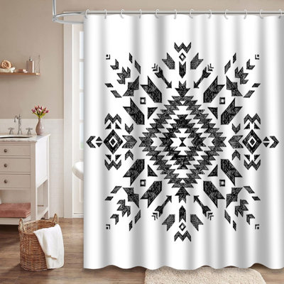 Black White Aztec Tribal Ethnic Abstract Shower Curtain with 12 Hooks