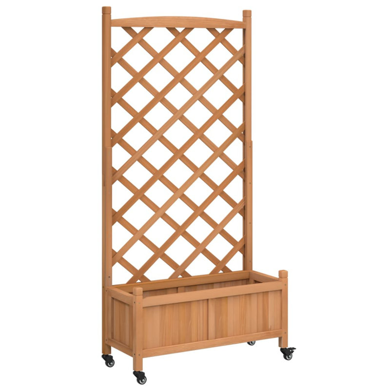 Brown Solid Fir Wood Planter with Trellis and Wheels