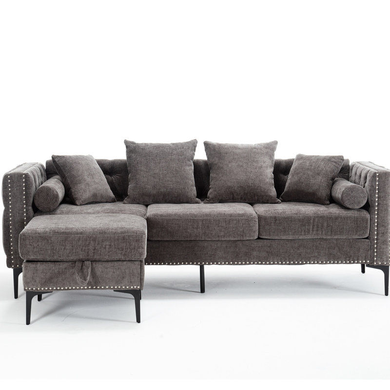 Canapé modulaire en L en chenille avec accoudoirs carrés, dossier, gris foncé et rangement