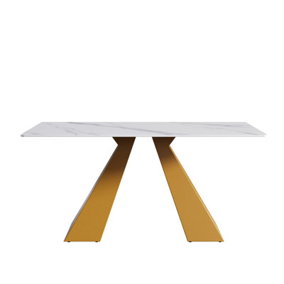 63" White Sintered Stone Table With Golden Metal Legs - 6 Person Dining, To Burns, Odorless, Easy Wipe Modern Dining 12mm Thick Panel & Seater, Scratch, Heat
