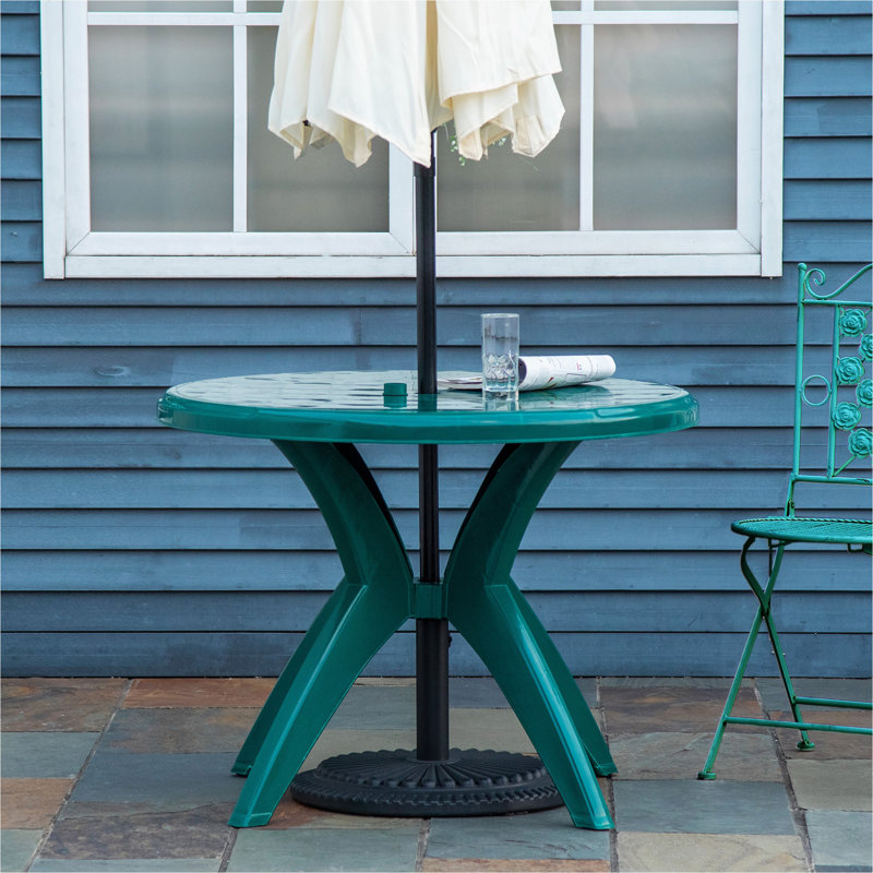 Outsunny 36.25" Dia Round Plastic Patio Table With Umbrella Hole, Outdoor Bistro Dining Table, For Bar, Garden, Backyard, Poolside, Yard, Green