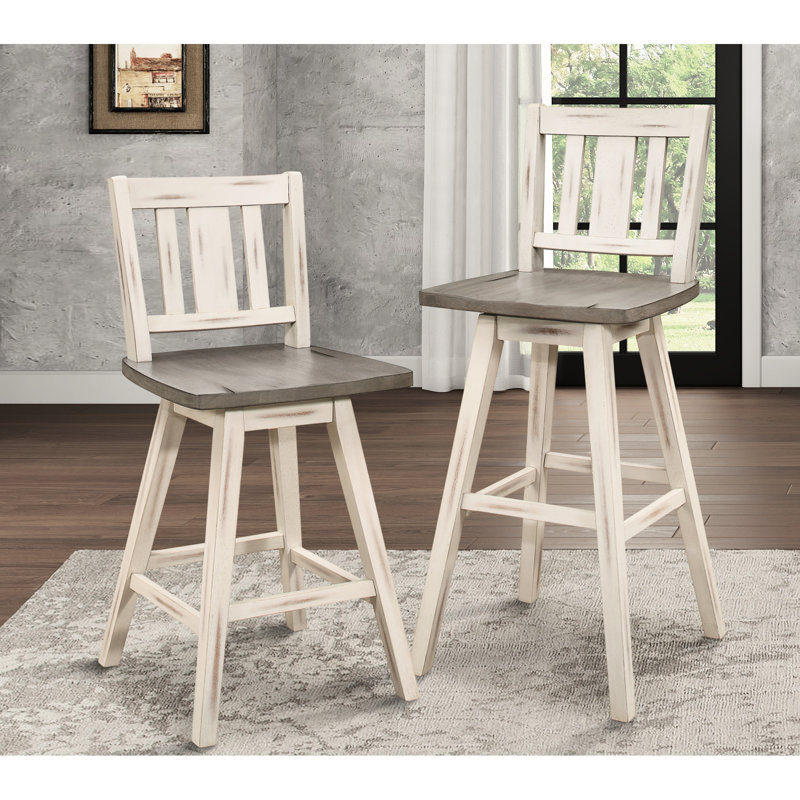2 chaises à hauteur de comptoir, blanc gris, bois d'hévéa massif, pivotant à 360 degrés, dossier à lattes verticales, gris rustique Spiritualité de la salle à manger - bois, pivotant dans la pièce