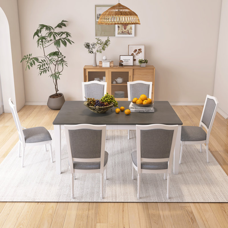 7-Piece Extendable Dining Table Set, White/Gray