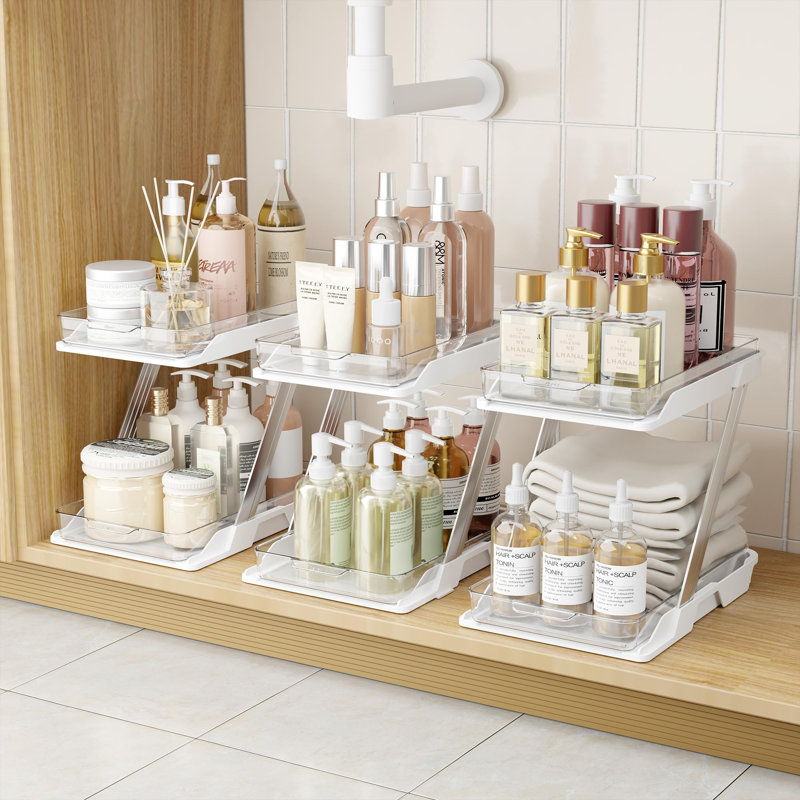 Ensemble de 3 organisateurs de salle de bain et rangement - Multifonctionnel, 2 niveaux d'organisation coulissante pour la salle de bain, sous l'évier, la cuisine, le meuble-lavabo, le comptoir, l'armoire, le garde-manger et l'armoire à pharmacie