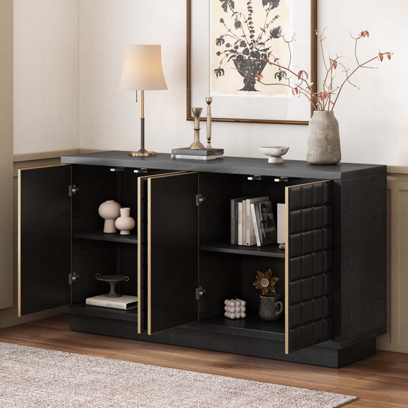4-Door Storage Cabinet with 3D Geometric Doors & Metal Trim, Black