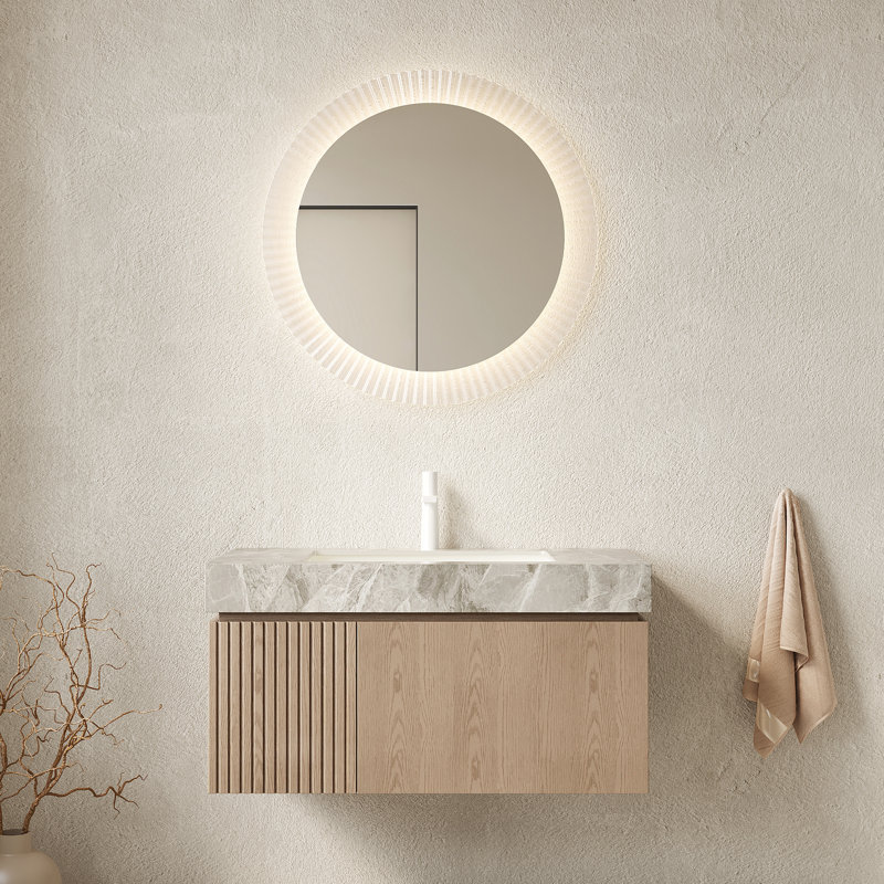 - Lavabo de salle de bain de style 36 po avec comptoir en pierre frittée grise, lavabo en céramique, armoire en contreplaqué flottant, meuble-lavabo et rangement pré-assemblés, porte à panneau en bois imperméable,