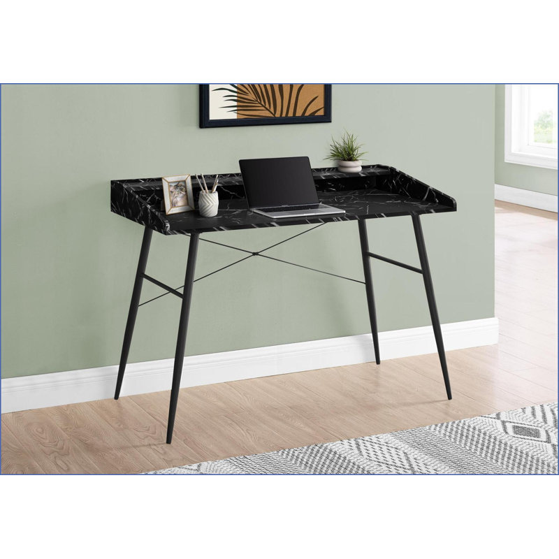 Bureaux pour le bureau personnel, bureau d'ordinateur moderne de 48 po avec tablettes de rangement, stratifié d'aspect marbre noir et métal | Noir | Panneau de particules