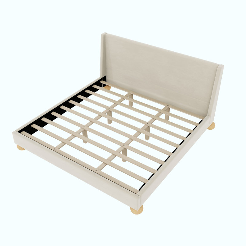 Structure de lit tapissier en lin avec pieds en bois massif, Très grand, Crème