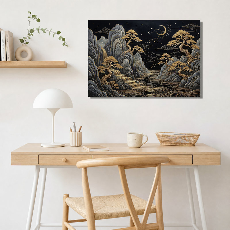 Tableau sur toile représentant des pins dorés et des montagnes sous un croissant de lune, 24"H x 36"W