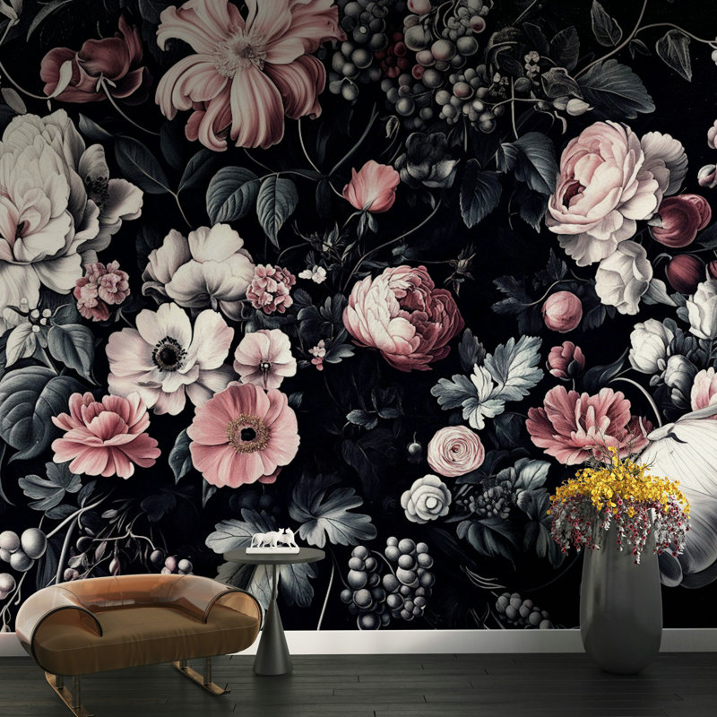 Papier peint floral rétro avec pivoines botaniques foncées, L 140 po x L 108 po