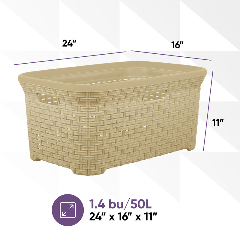 Plastic Laundry Basket with Handles, Beige, 16" H x 24" W x 10.5" D