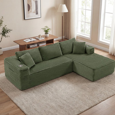 108" Modern L-Shaped Sectional Sofa With Chaise Deep Seat Corduroy Upholstered Couch