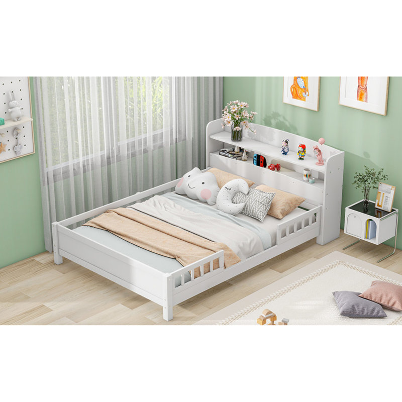 Lit double en bois compact avec lumière DEL, tête de lit moderne avec rangement
