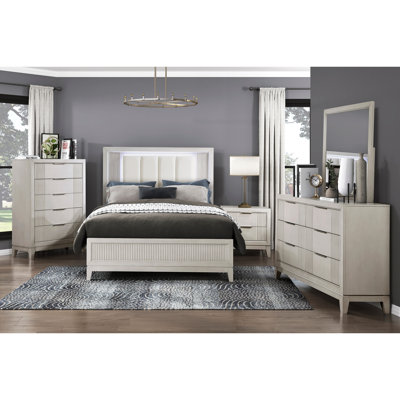 Grand lit avec tête de lit à DEL, blanc antique, essentiels de chambre à coucher modernes, finition blanche, décoration