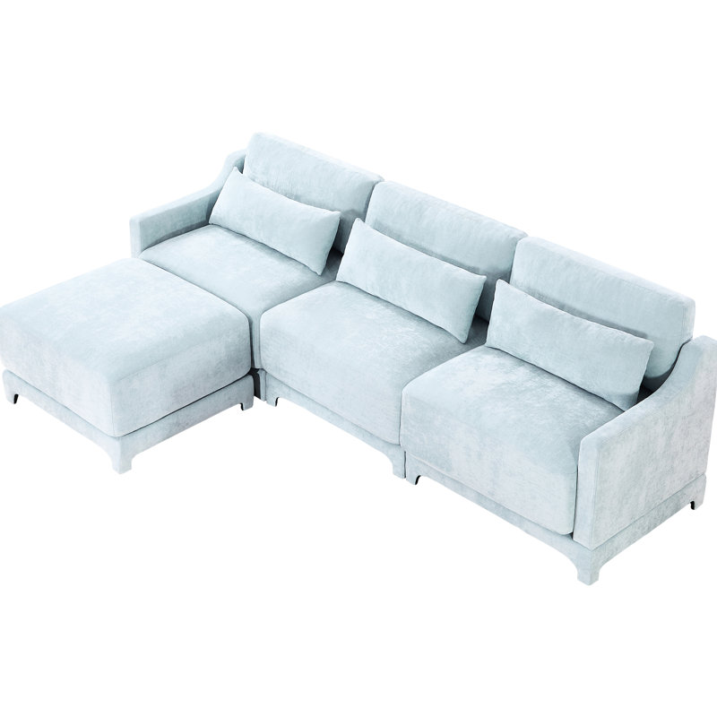 Chenille bleu ciel avec trois sièges, repose-pieds assortis, éponge à haute résilience et design simple et élégant bleu, chenille, assise, design ergonomique, deux tissus