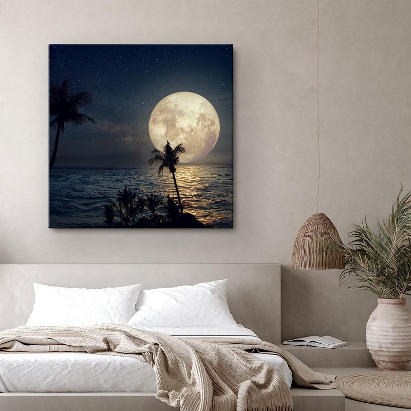 «Harvest Moon Tropical Palm Tree Ocean Sea Island», reproduction sur toile, H 24 po x l 24 po x P 1,5 po