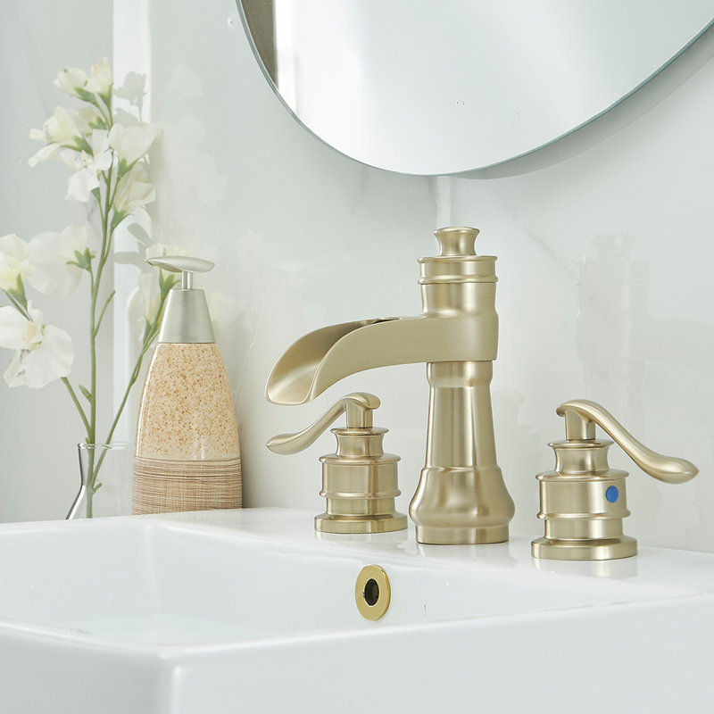 Deluge Waterfall Gold Widespread 3-Hole, 2-Handle Bathroom Sink Faucet With Drain Assembly