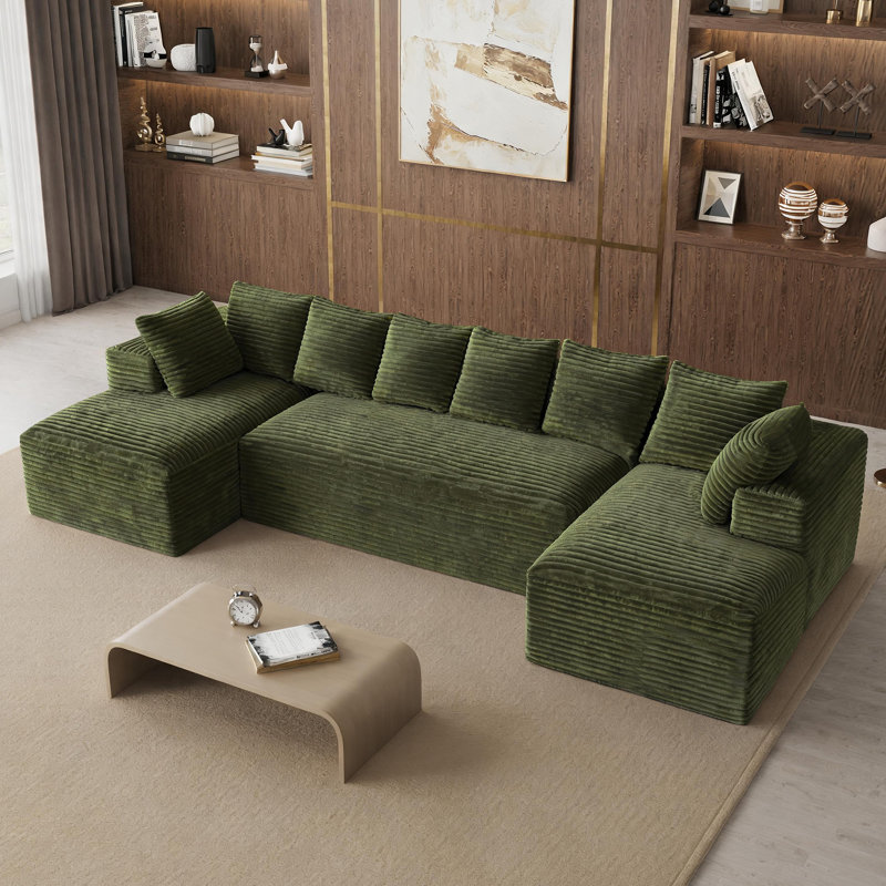 Canapé d'angle surdimensionné sans ossature et à compression de 131 pouces avec coussins, Velours côtelé vert, En form de U