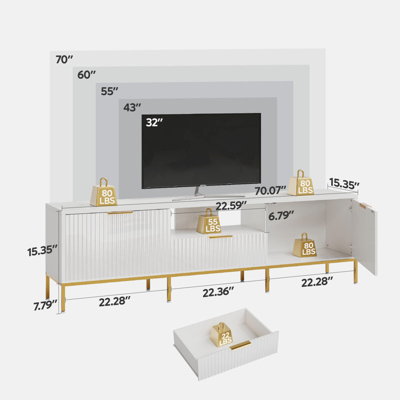 Fluted TV Stand, Glossy Media Console with Wave Pattern Buffet Cabinet, White, 54cm H x 178cm W x 35cm D