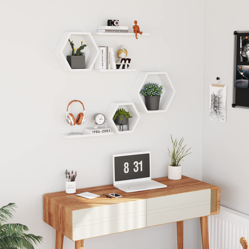 Ensemble de 6 tablettes hexagonales en bois à fixation murale, ensemble de 6 tablettes en bois de pin, blanc, White
