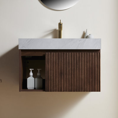 Meuble-lavabo de salle de bain 30 po EIDEN, meuble de rangement flottant, plateau en pierre frittée gris Carrara et lavabo en céramique avec 1 trou de robinet pré-percé, démonté, sans robinet et ensemble de drain, couleur grain de bois noyer