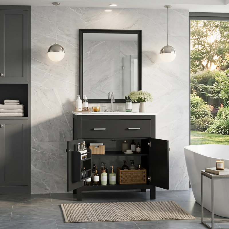 Meuble-lavabo 30 po avec lavabo en céramique, armoire de salle de bain simple noire moderne avec 2 portes et une tablette, portes à fermeture douce