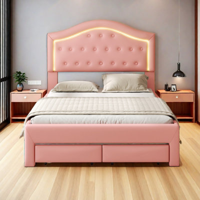 Queen Size Upholstered Platform Bed With Tufted Headboard, LED And 2 Drawers -  Ivy Bronx, 6120E9DC695C49BD964F1B950C0DB91D