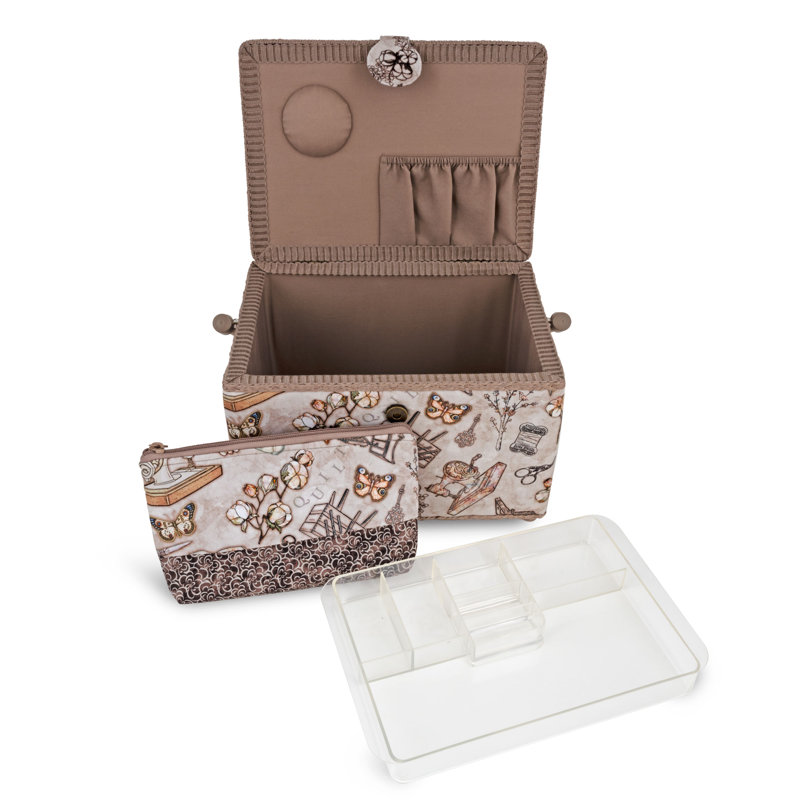 Grand panier à couture Dritz avec étui à fermeture à glissière, couture rétro neutre