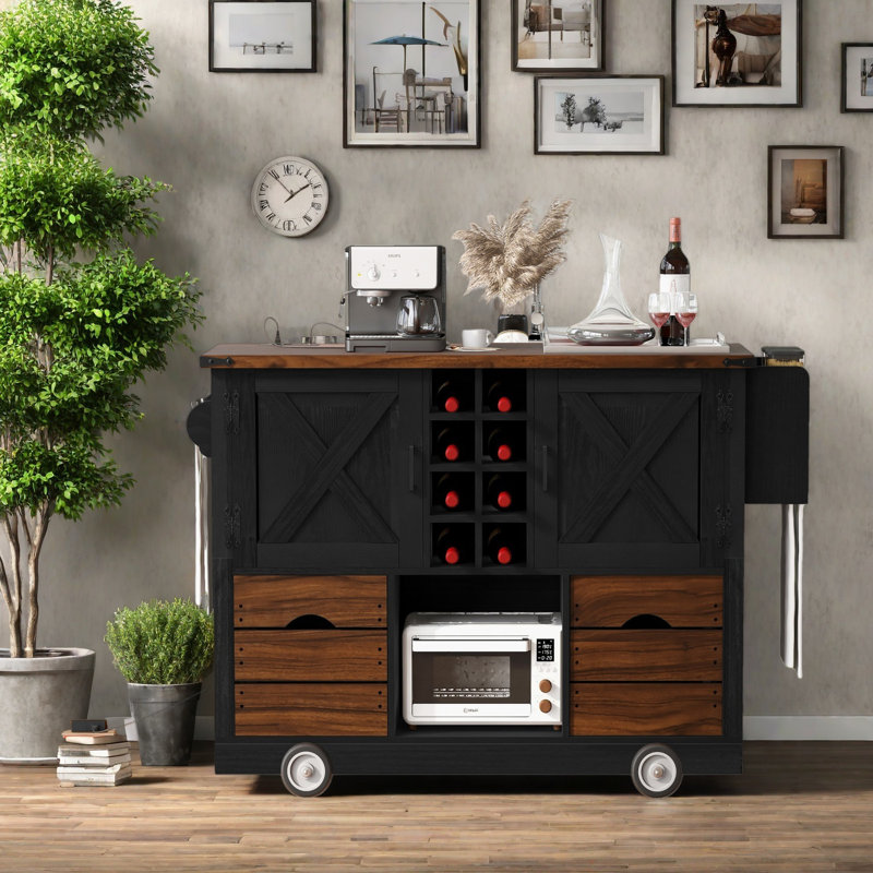 Îlot de cuisine de 54 po avec abattant, prise de courant, chariot de rangement de cuisine, 2 portes, 2 tiroirs, Noir